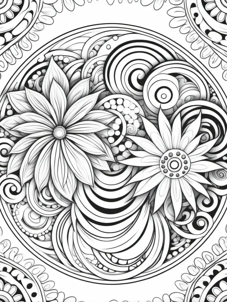 easy coloring page, artistic circles and floral, black and white, white background, no shading, simple design, digital art