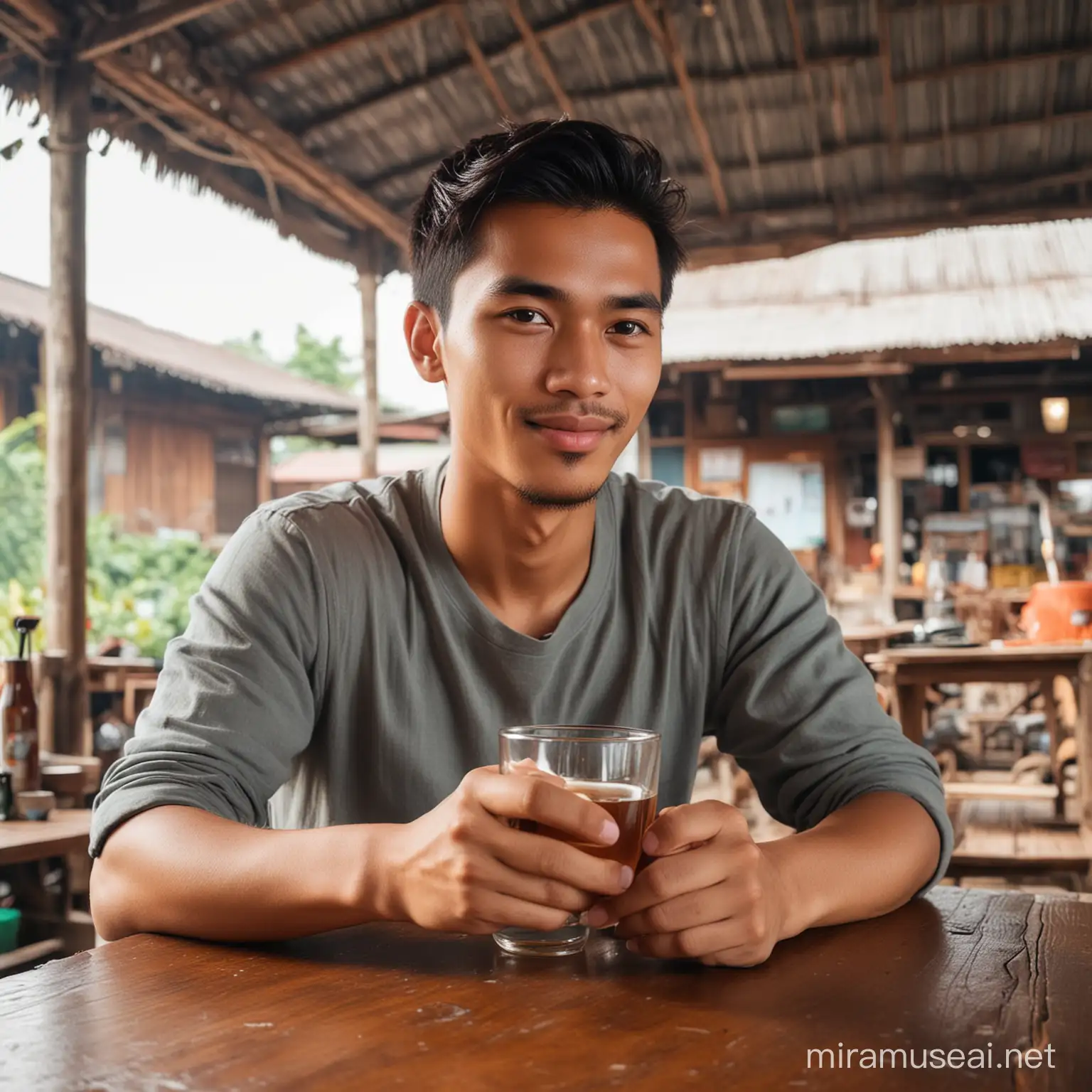 Handsome Indonesian Man Enjoying Warm Tea in Traditional Warung at Sunny Market
