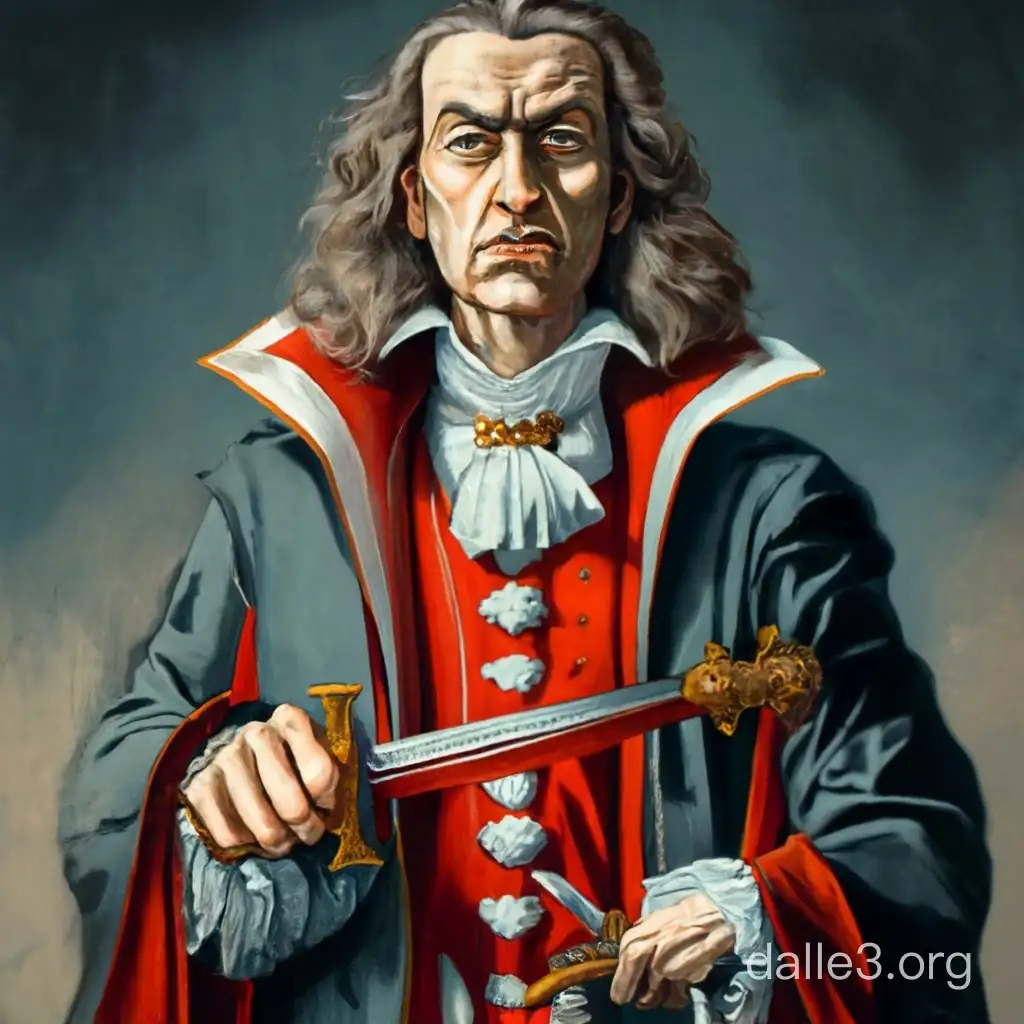 dracula in a super realistic , high detail , scary , dark , black and white and some red  , holding a sword upright , portait , 17th century clothes , old style clothes 