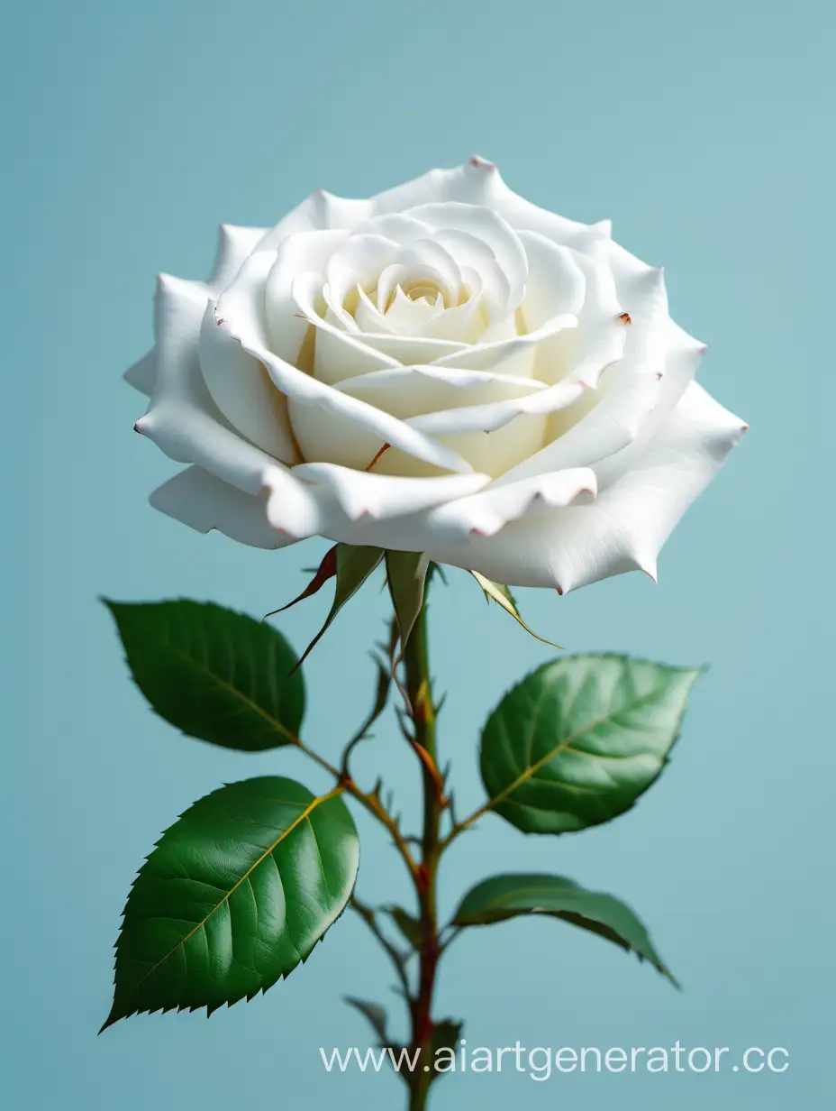 white Rose 4k hd with fresh lush green leaves on pure light blue background