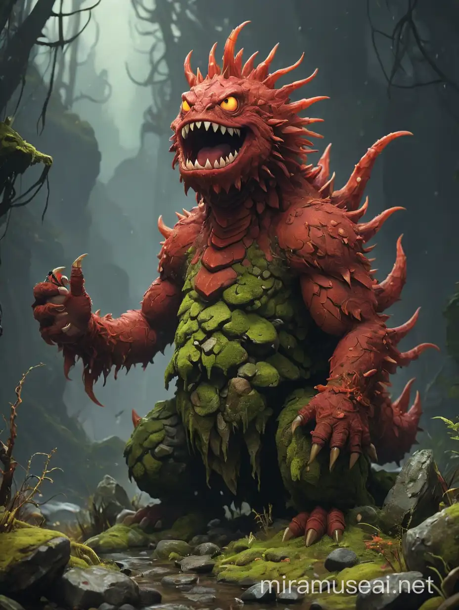 frontal view of worm-like full-height aggressive evil sapient standing red creature made out of moss and rocks, digital painting, game art, blizzard art style, art station