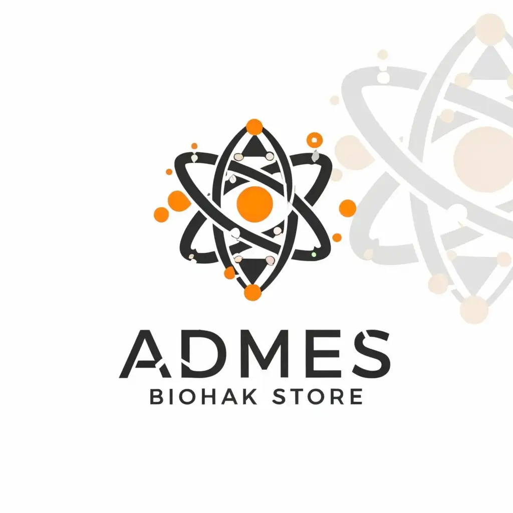 a logo design,with the text "Admes Biohack Store", main symbol:Design logo for Admes Biohack Store with modern text and Atom symbol, inside which DNA cell logo, and wreath around all,Moderate,clear background