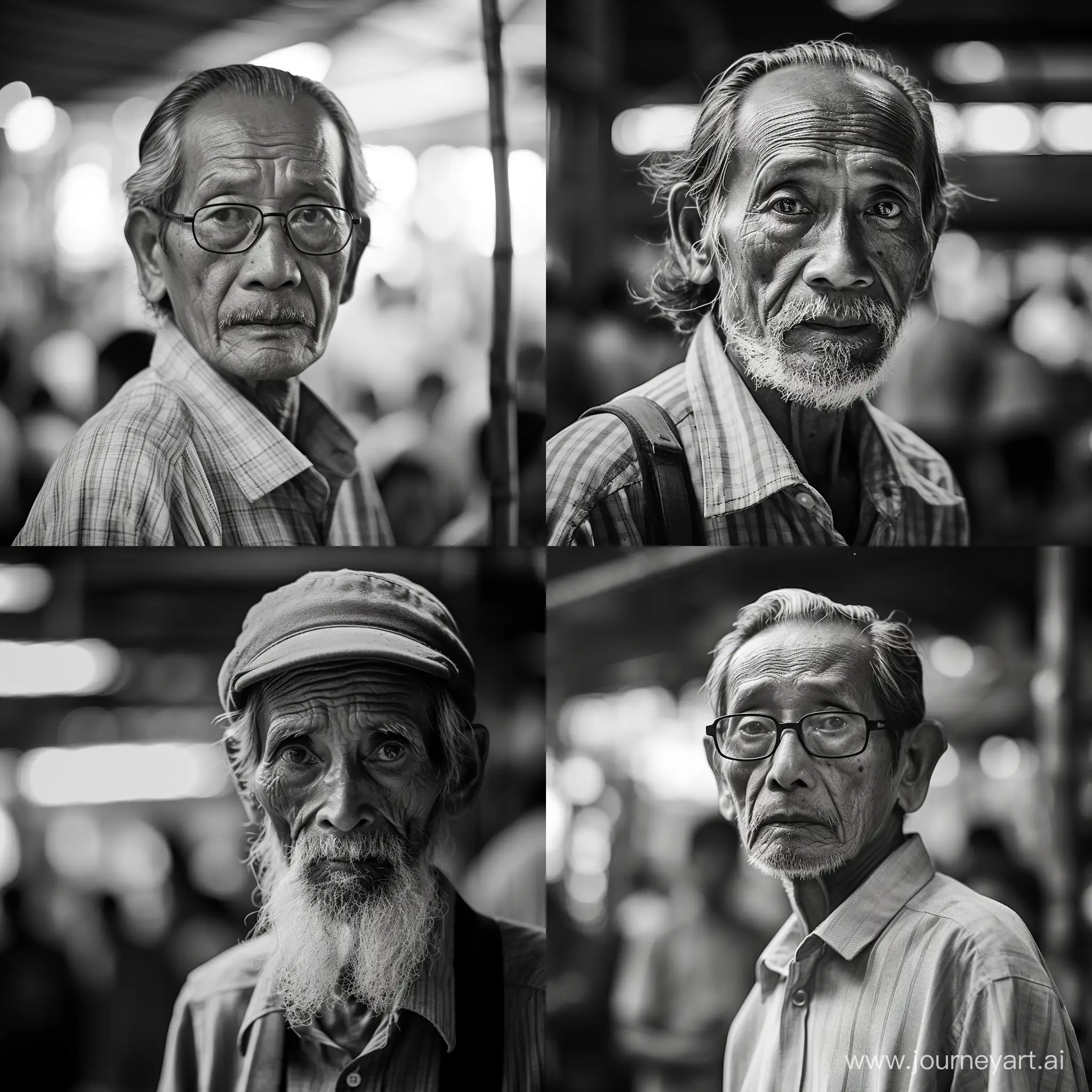 BW photo, Candit Detailed shot of old Indonesian man, 60 years, tall, light skin colour,traditional market,thin fog,taken with a Leica M6 and a Leica 75mm F1.25 Noctilux, atmospheric lens