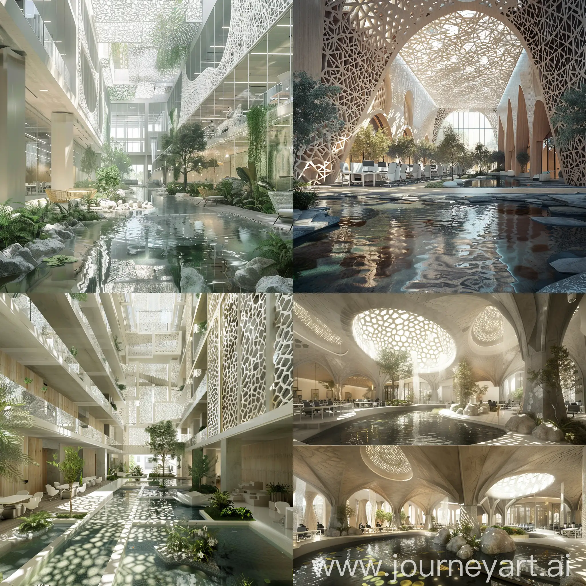 please generate an interior shots for an office building at Saudi Arabia inspired from a natural oasis, please focus on an internal atrium between the offices and meeting rooms, can merge water feature inside the building, also focus on patterns