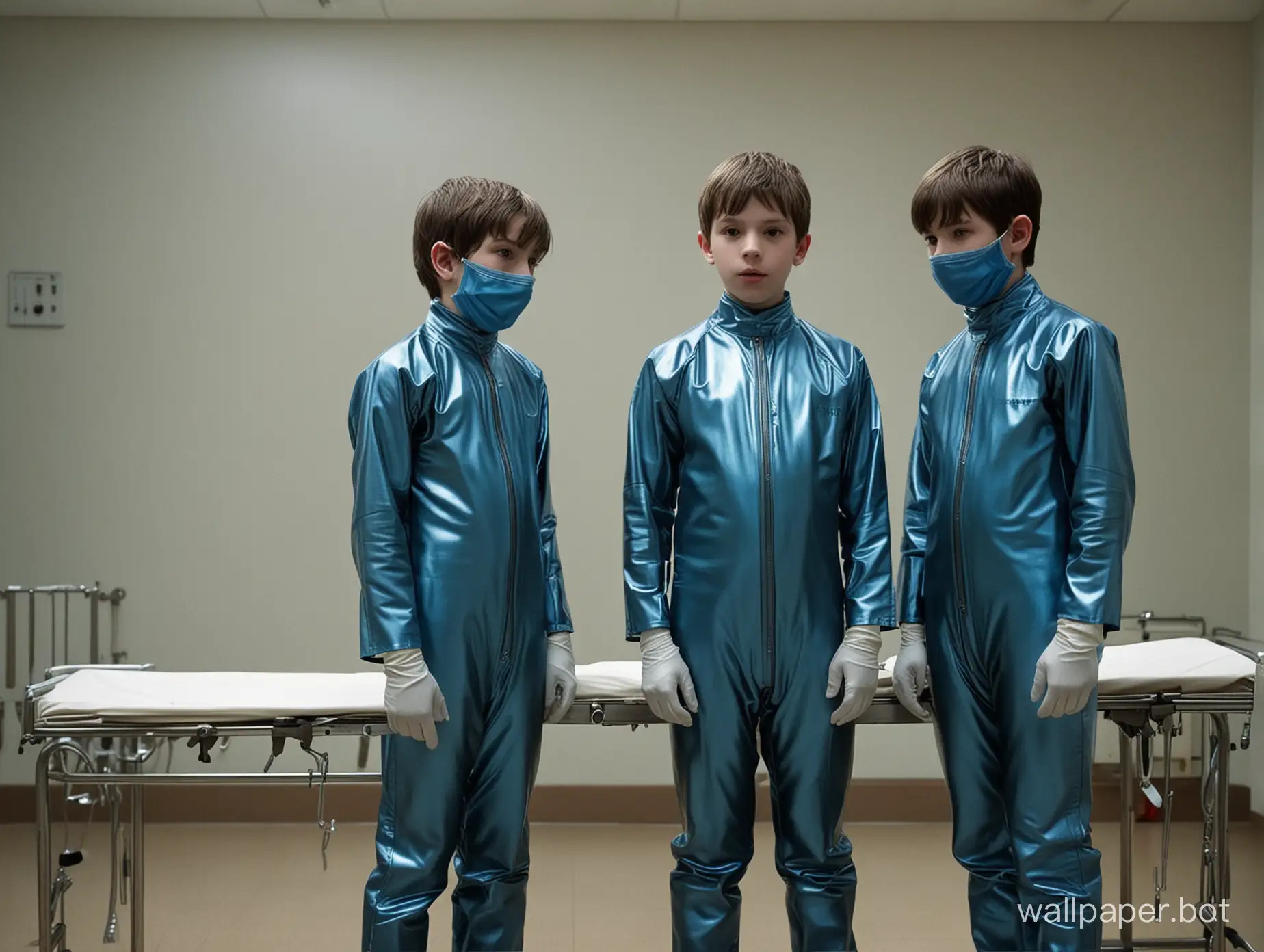 Young-Boys-in-Metallic-Blue-Latex-Suits-Amidst-Medical-Equipment