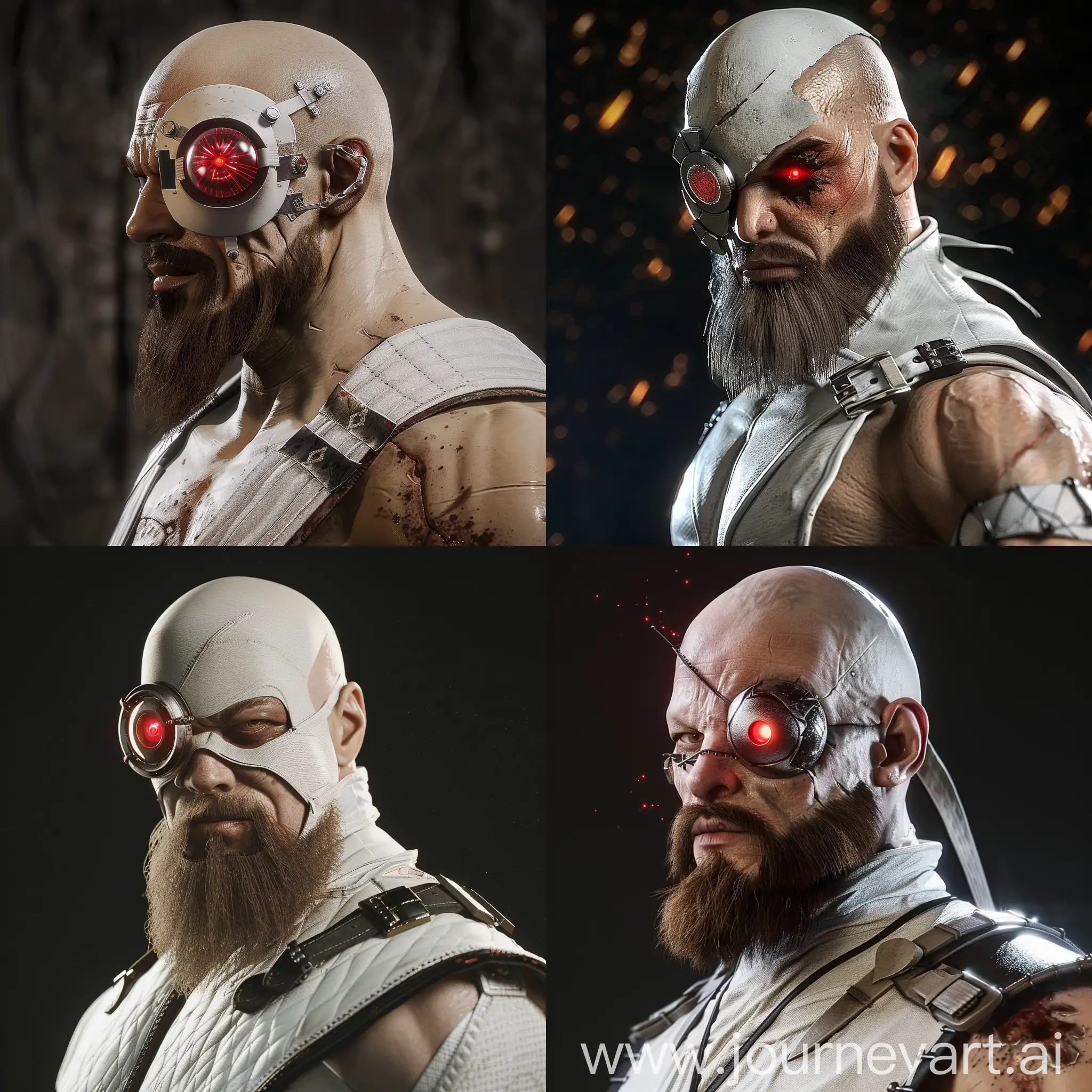 A character from Mortal Kombat 1, named "Kano", he wearing a white bandit costume, bald head, he have metal eye implant with red laser eyeball, beard and moustache on face
