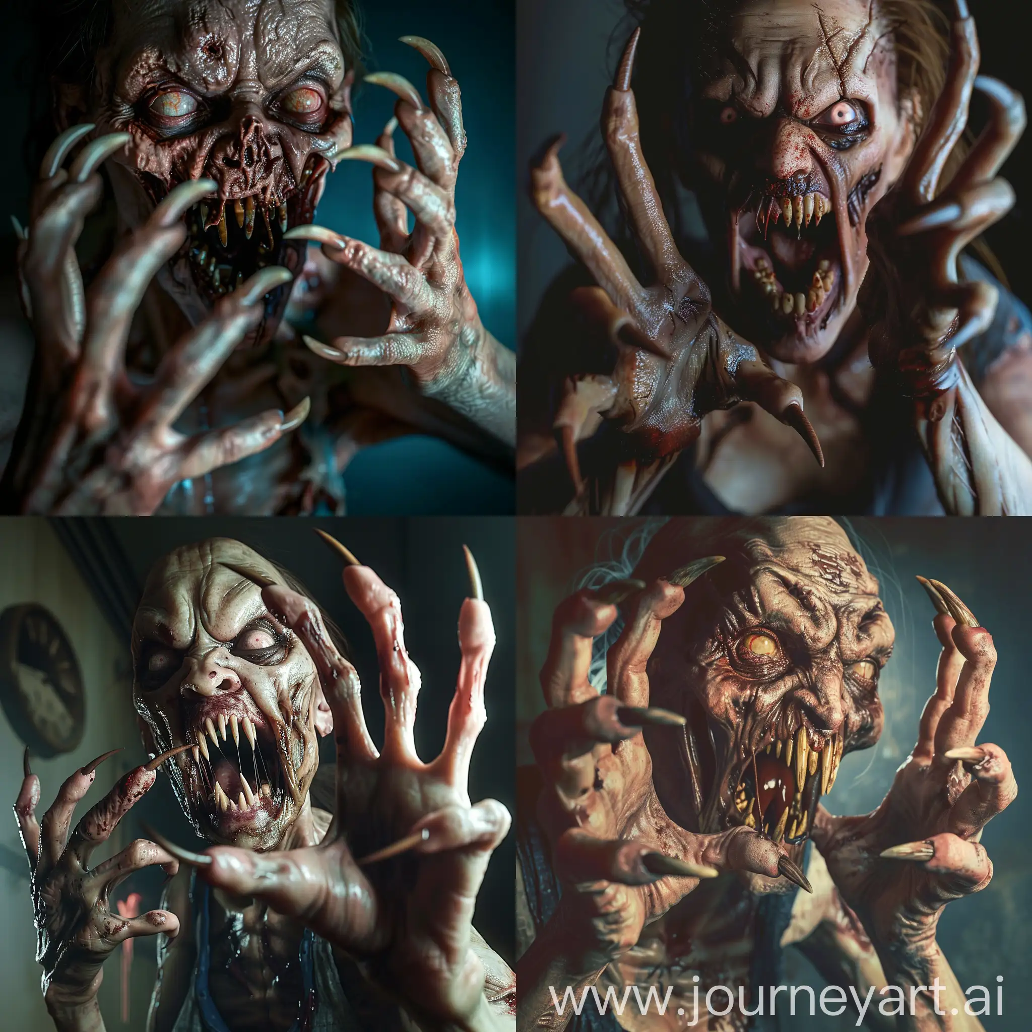 Generate a detailed description of a scene where a rotten skin hungry terrible zombie with long curved pointed nails protruding from her five fingers two hands like menacing claws aggressively attacks, her mouth threateningly open exposing pointed teeth resembling fangs. hyper-realism, cinematic, high detail, photo detailing, high quality, photorealistic, terrifying, aggressive, bloodlust, sharp fangs, dark atmosphere, realistic, detailed nails, horror, atmospheric lighting, full anatomical. human hands, very clear without flaws with five fingers