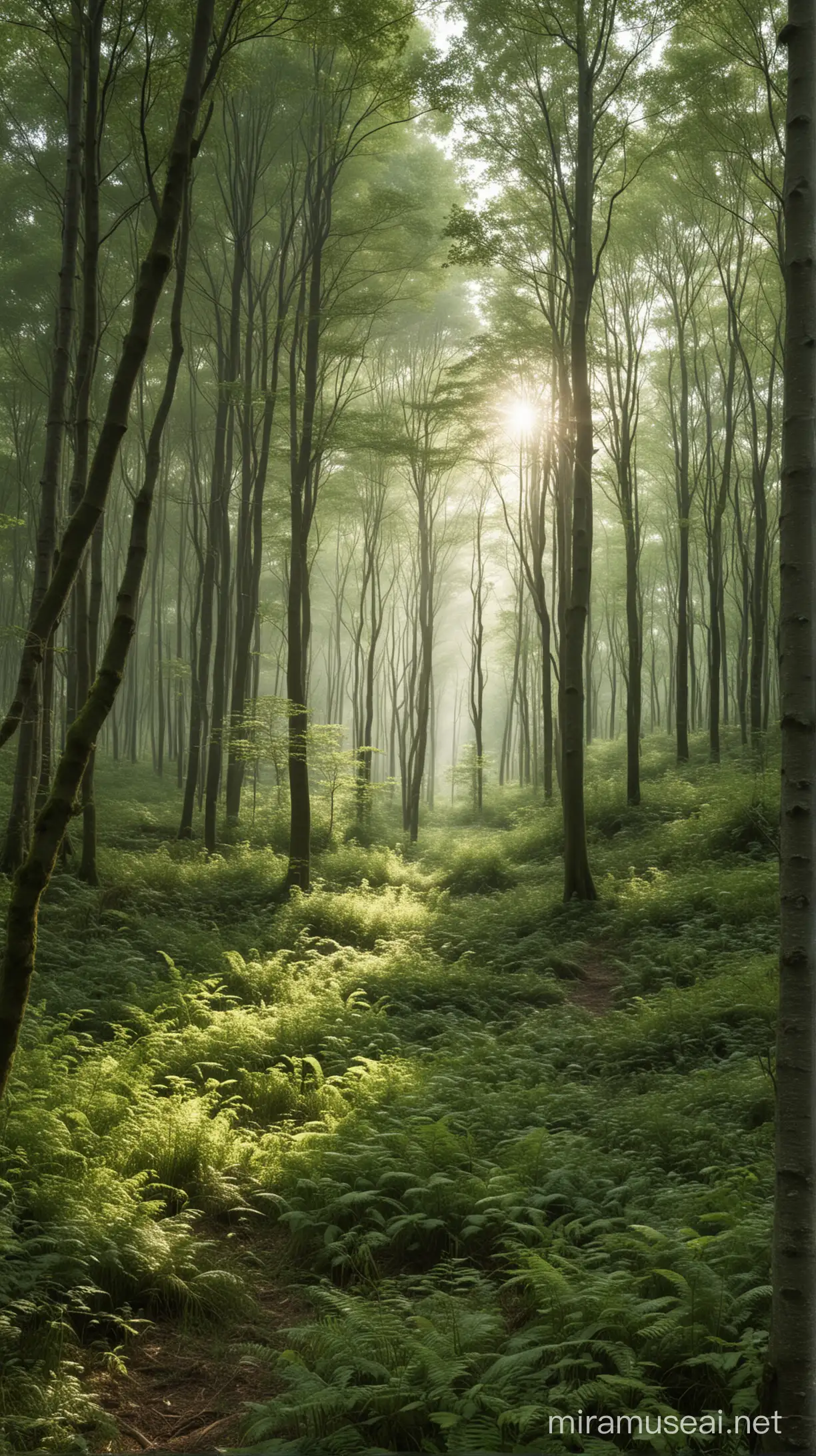 Overview of a forest clearing, depicting a serene and peaceful environment. The scene is set in a lush, green forest with soft light filtering through the trees, highlighting the tranquil and isolated ambiance of the clearing. The image should convey a sense of calmness and solitude, emphasizing the beauty of the natural setting.