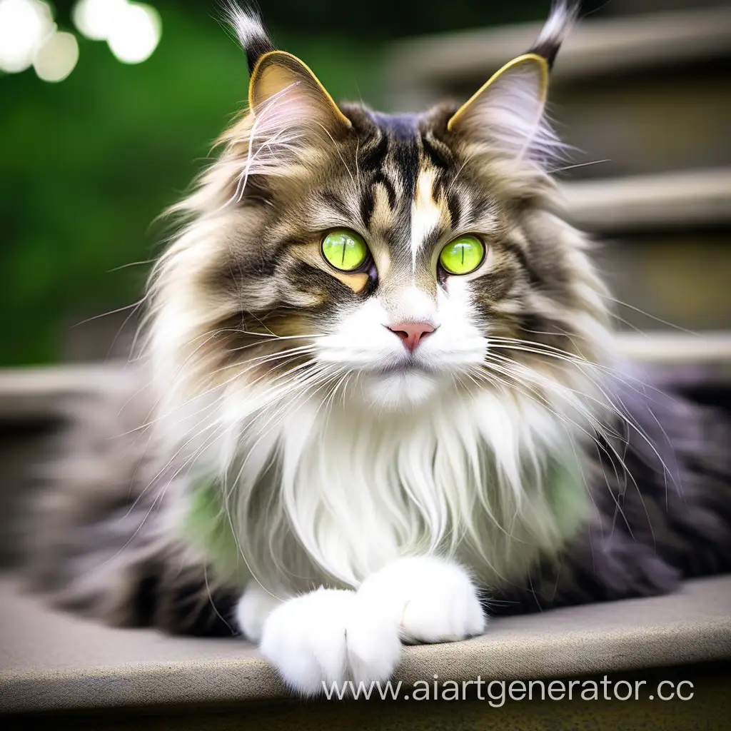 A pretty brown white and tabby ring-tailed siberian forest cat with big yellow green eyes and a tweed bowtie, pink nose, curly tail, staring on stairs, face half white, white mouth, majestic, tail in circle over her back
Her name is Aziraphale, she has a big white majestic mane. Large round pupils
