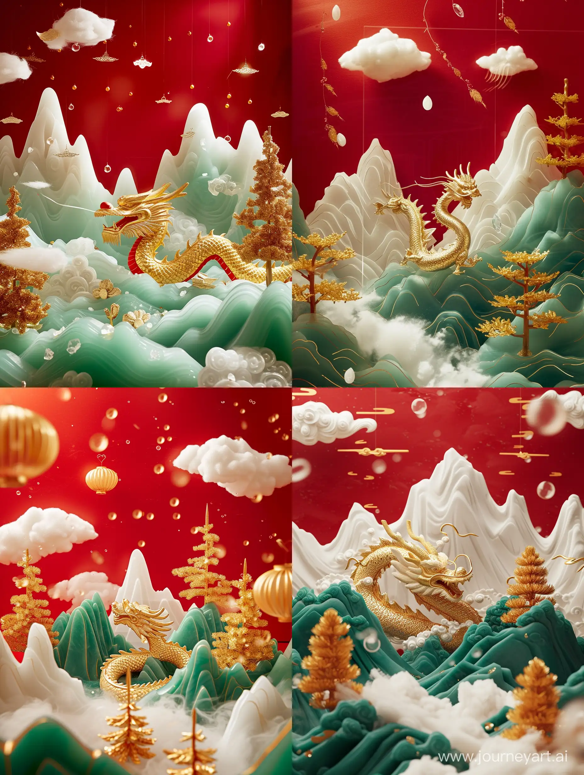 中国新年，吉祥龙主题，龙为中心，金玉雕刻超广角拍摄，线条柔和，线条流畅中国山水画，白玉山翠绿玉山，金树，浮云，红色背景，顶光，明亮，水晶玻璃质感， 极简主义
