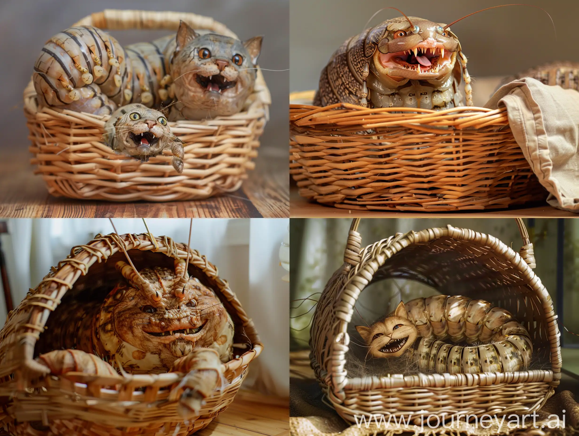 A big giant silkworm the size of a cat is in the wicker basket and his face is similar to a cat, and smile. make a realistic photo with high details. 