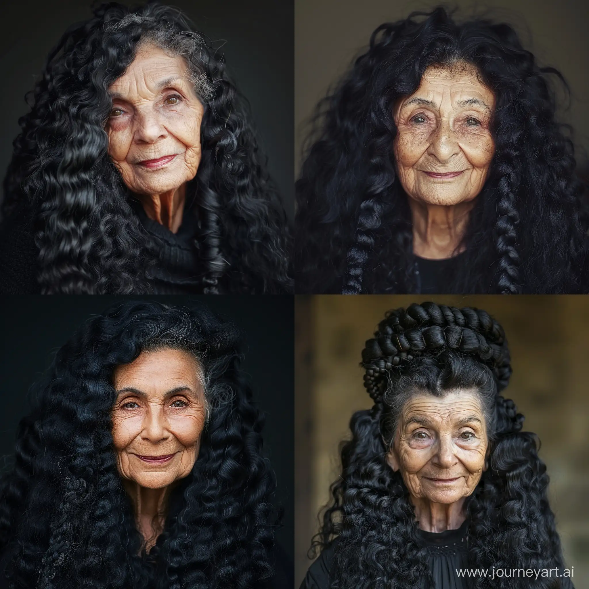 the face of an elderly Italian woman with long black curly hair. 55 years old. a photo portrait. the hairstyle is high. curls. the strands are braided. beautiful. smiling.