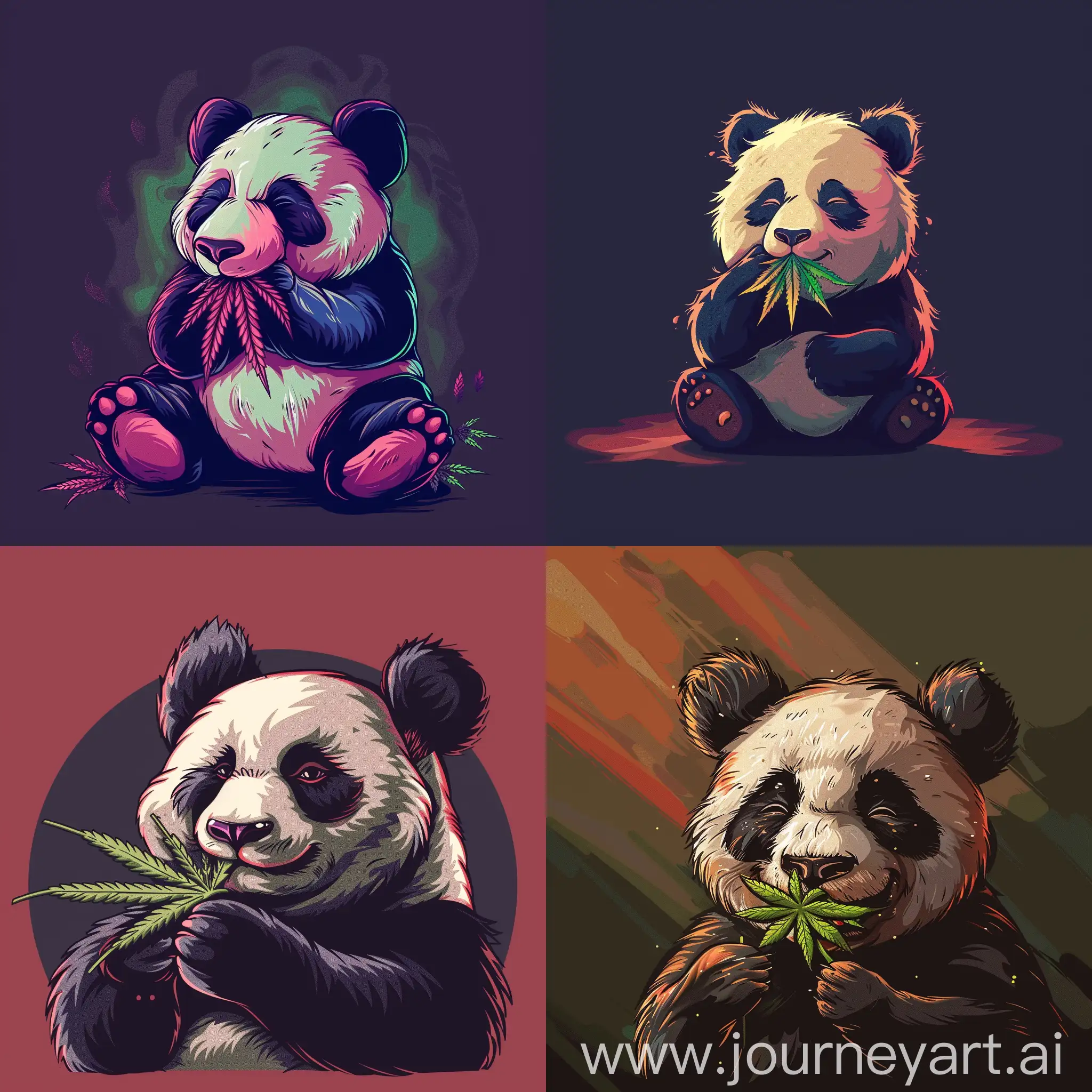 Cartoon panda eating cannabis leaf, Imaginative and whimsical depiction, Minimalist style, Vibrant color light