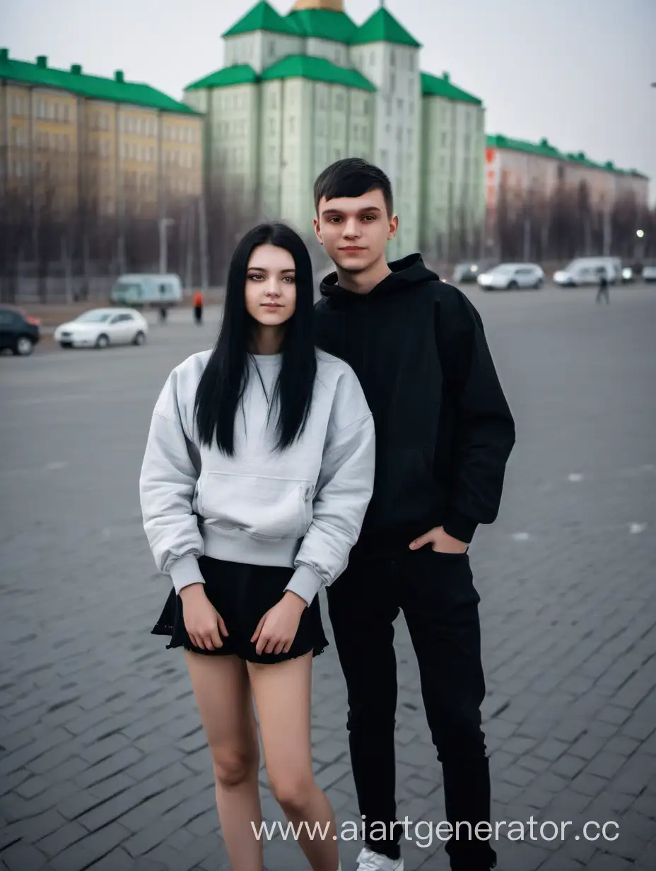 a guy and a girl siblings with black hair against the background of a Russian city