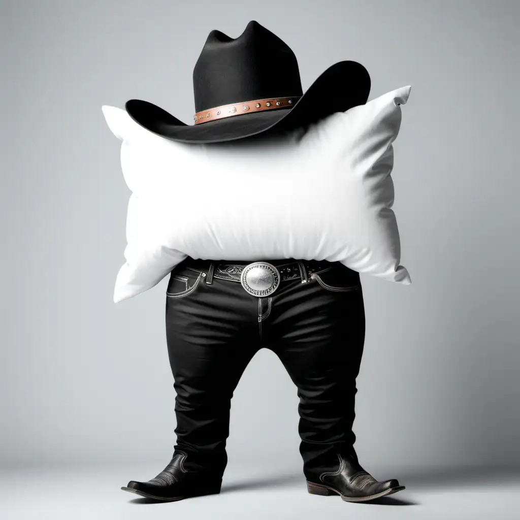 Cozy Pillow in Western Attire with Black Pants and Cowboy Hat