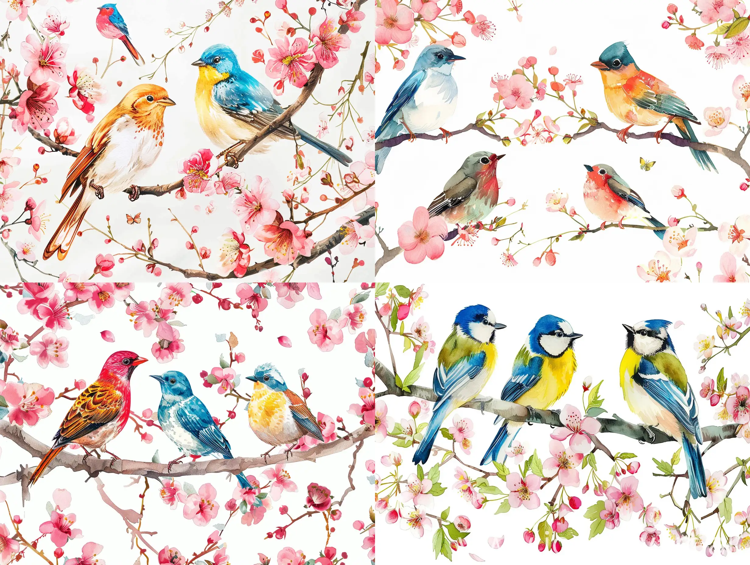 Colourful birds in blossoms on white background