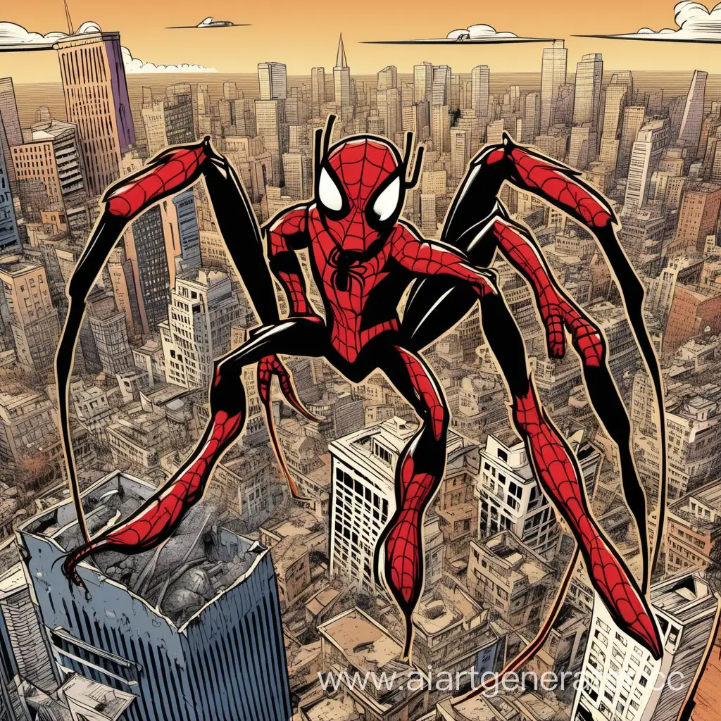 сгенерируй картинку где огромный муравей рушит город в костюме человека паука