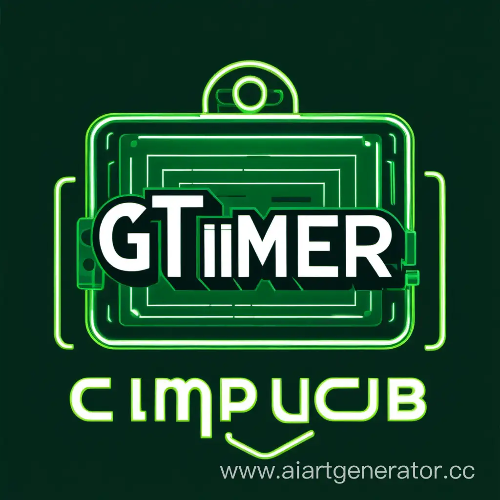 логотип компьютерного клуба с надписью  (G-timer) , на тёмно зелёном фоне с отблесками неона