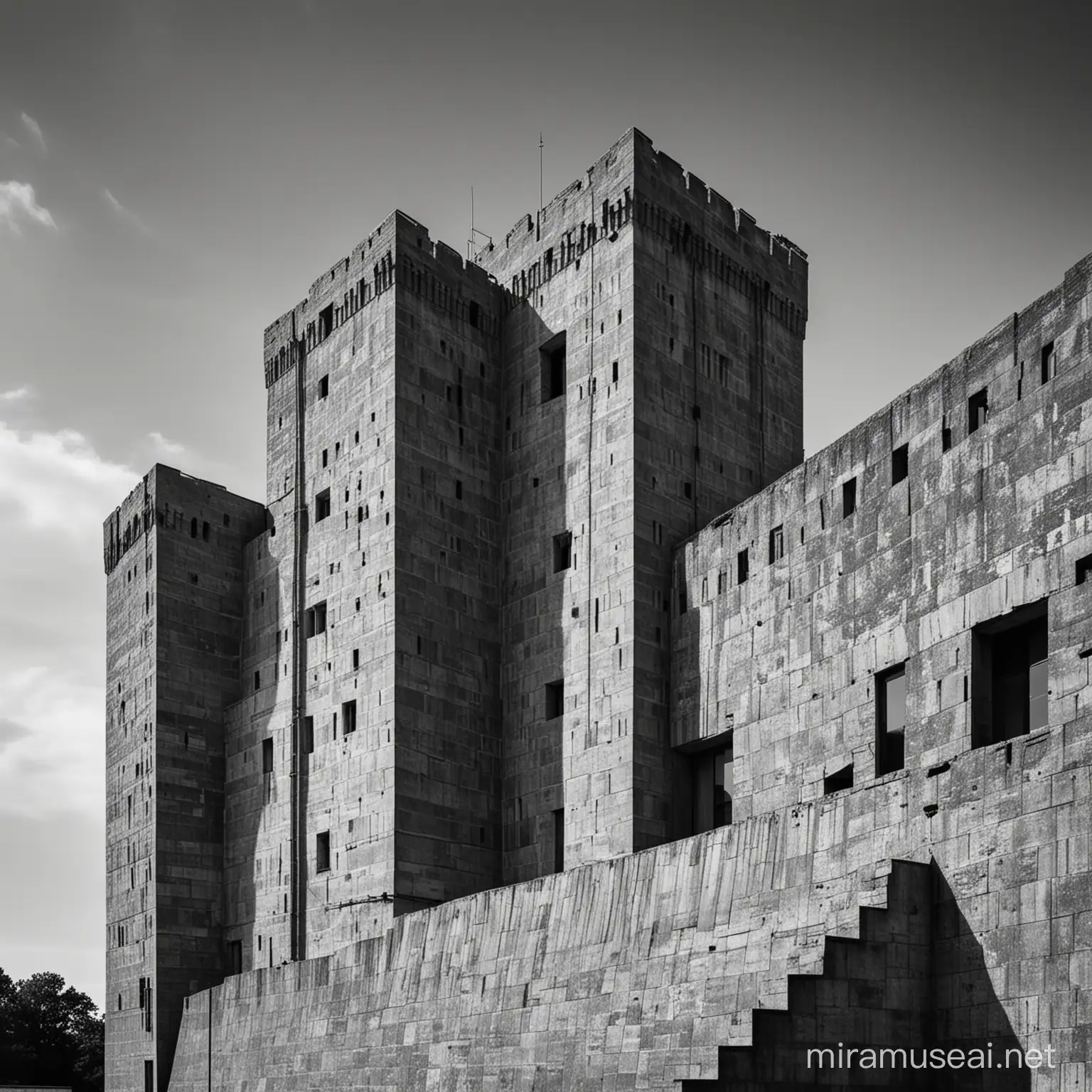 Modernized Old Polish Castle Dark Brutalist Architecture with Intriguing Light and Shadow Detail