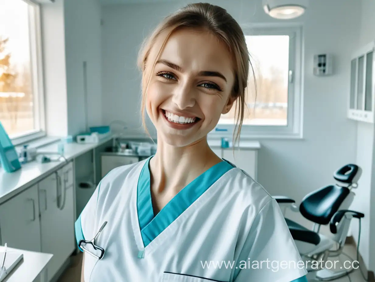счастливая российская медсестра стоит в солнечный день в стоматологическом кабинете и общается с пациентом