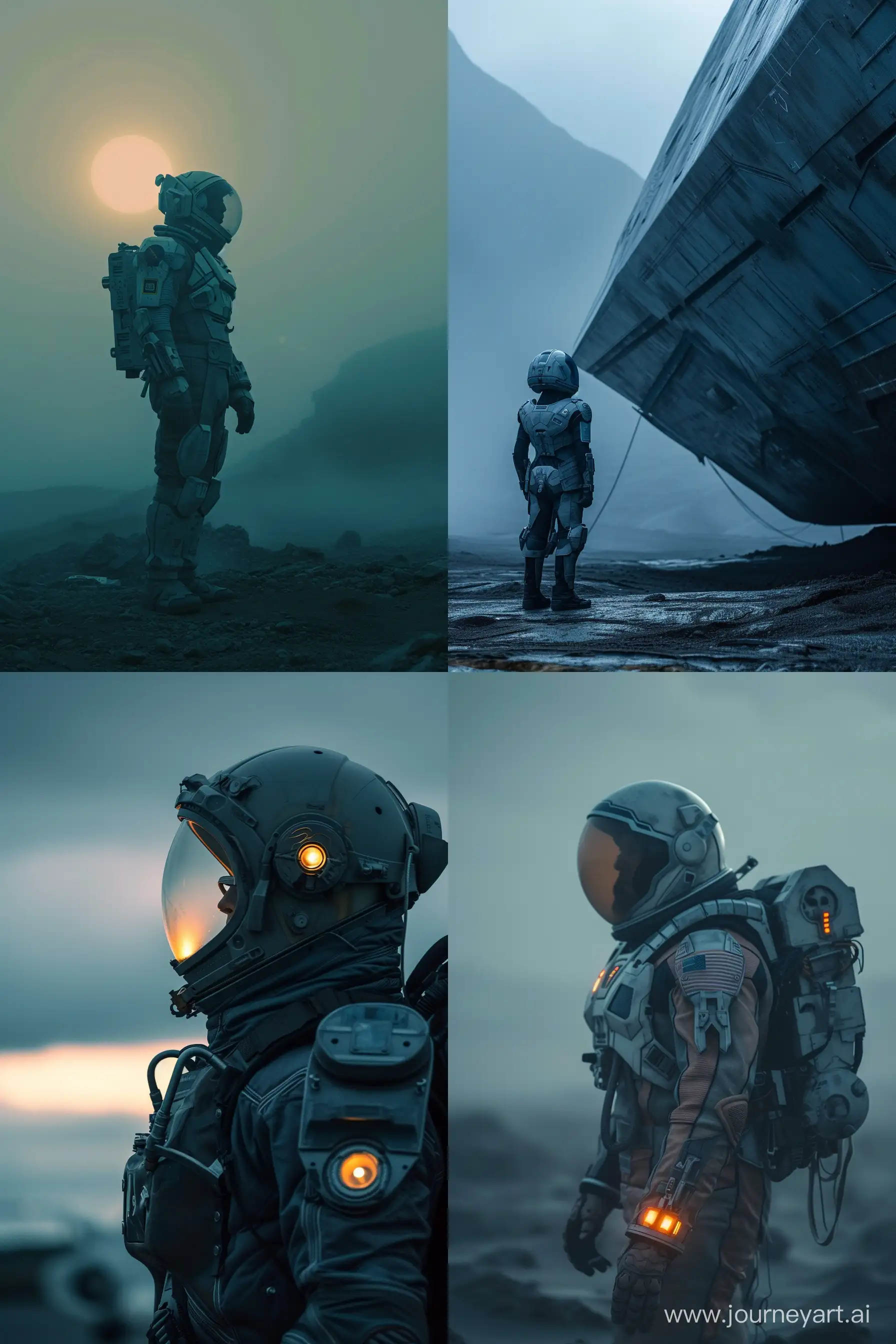 Minimalist movie still, man in a huge futuristic minimalist suit, grey blue, warm light, spacecraft::3 Minimalist wide angle movie still, man in a futuristic suit, spacecraft, NYC, mountains, north nature, Scotland nature, muted tones, warm light, cold colors, low contrast, neon, foggy::1 --ar 2:3 --v 6.0 --style raw