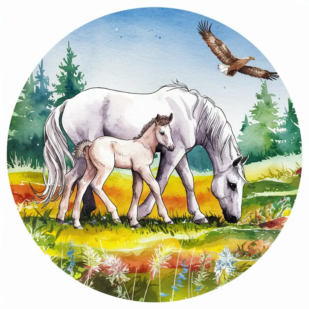 Tranquil Scene White Horse and Foal Grazing in Colorful Meadow with Spruce Forest Background