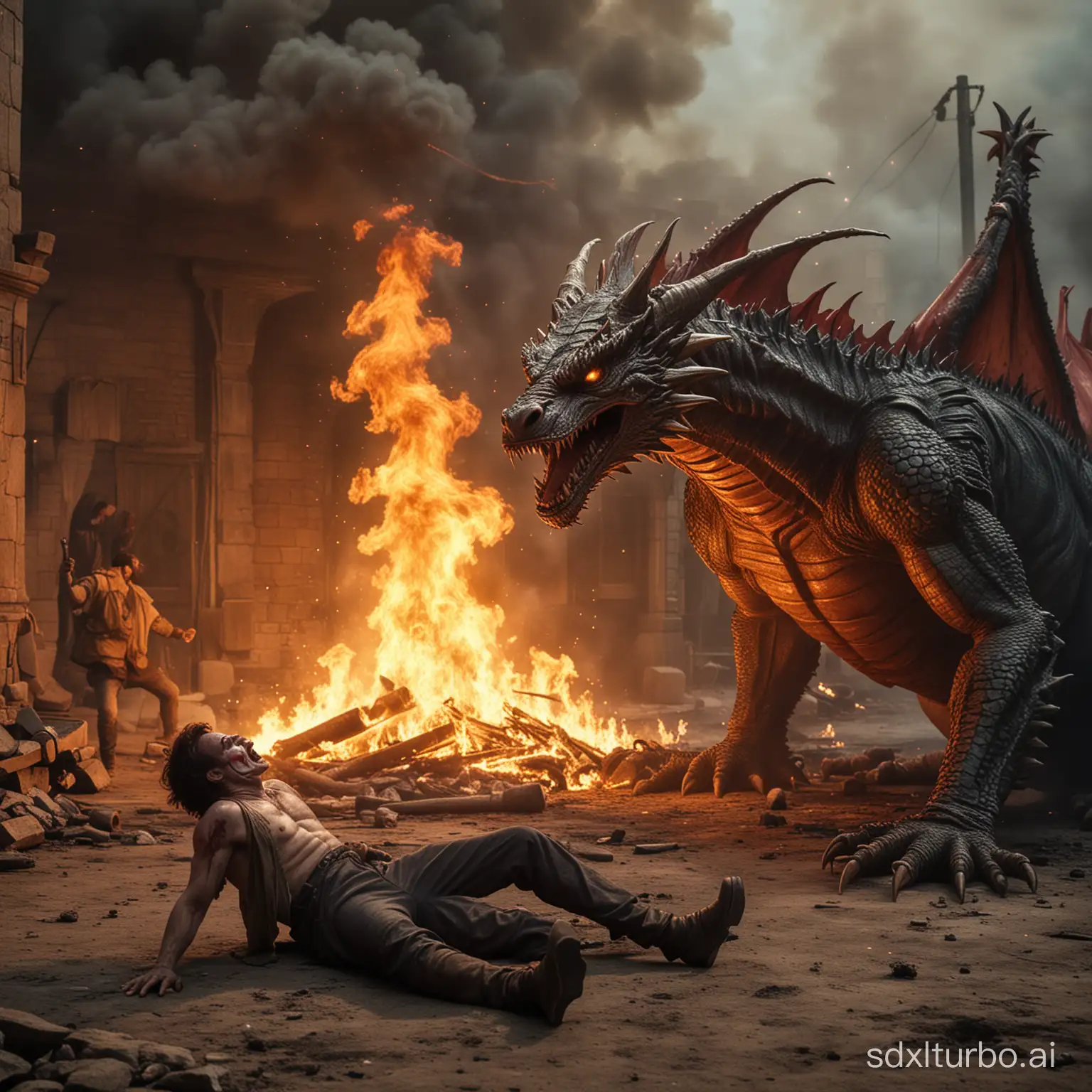 The scene where the clown is beaten up by the fire-breathing dragon.