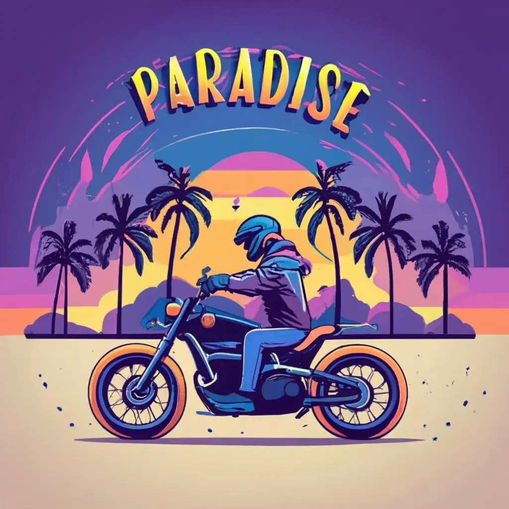 logo, abstract silhouette of a biker with palm trees at sunset, with the text "paradise", typography, be used in Entertainment industry