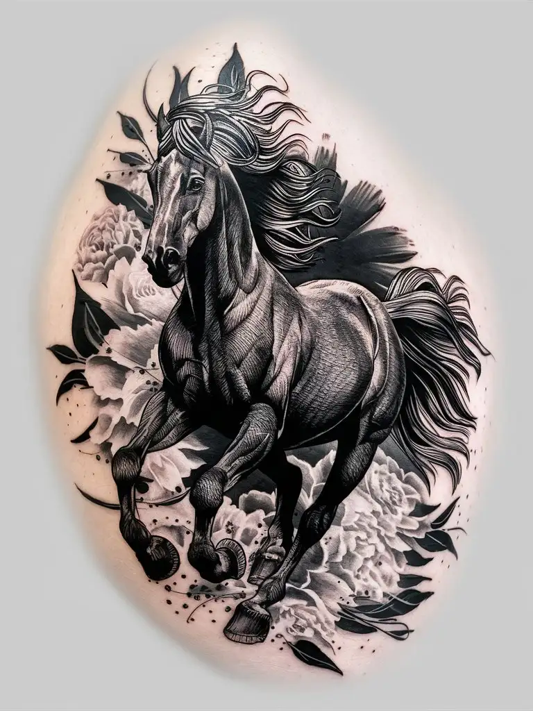 masterpiece tattoo, black horse, lineart, beautiful composition, blackwork, white background