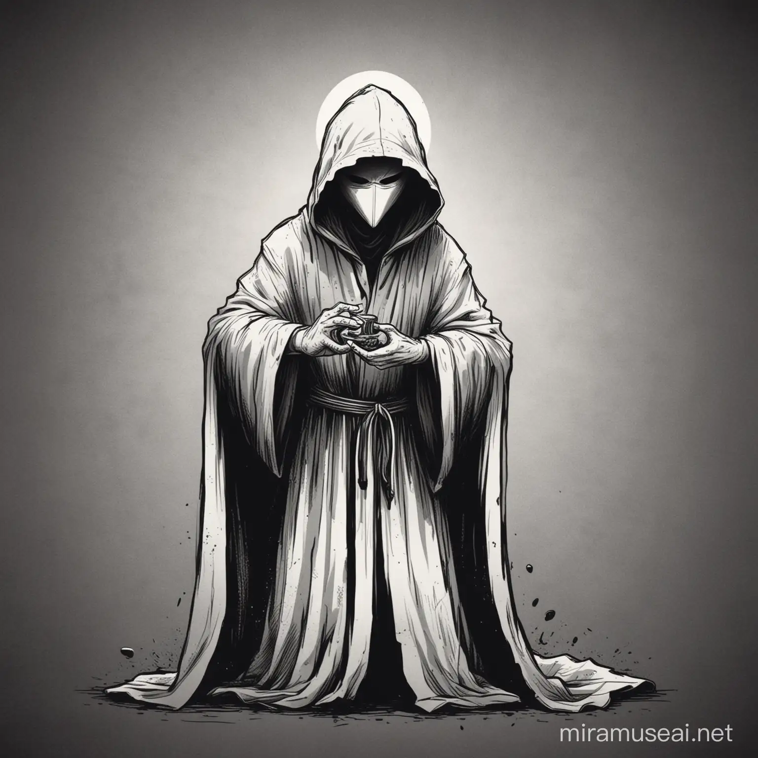 Create a black and white cartoon drawing depicting a hooded cultist performing a mysterious ritual. Emphasize simplicity with clean lines and minimal shading, capturing the essence of a Calvin and Hobbes black and white comic strip. The cultist should be in a hooded robe. The background should be white to maintain a crisp comic strip aesthetic.