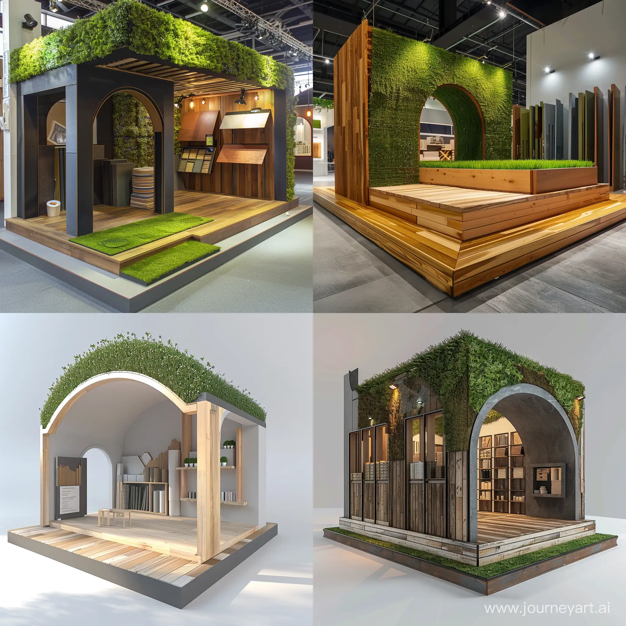 Innovative-Trade-Booth-Wooden-Platform-with-Grass-Entrance-Arch