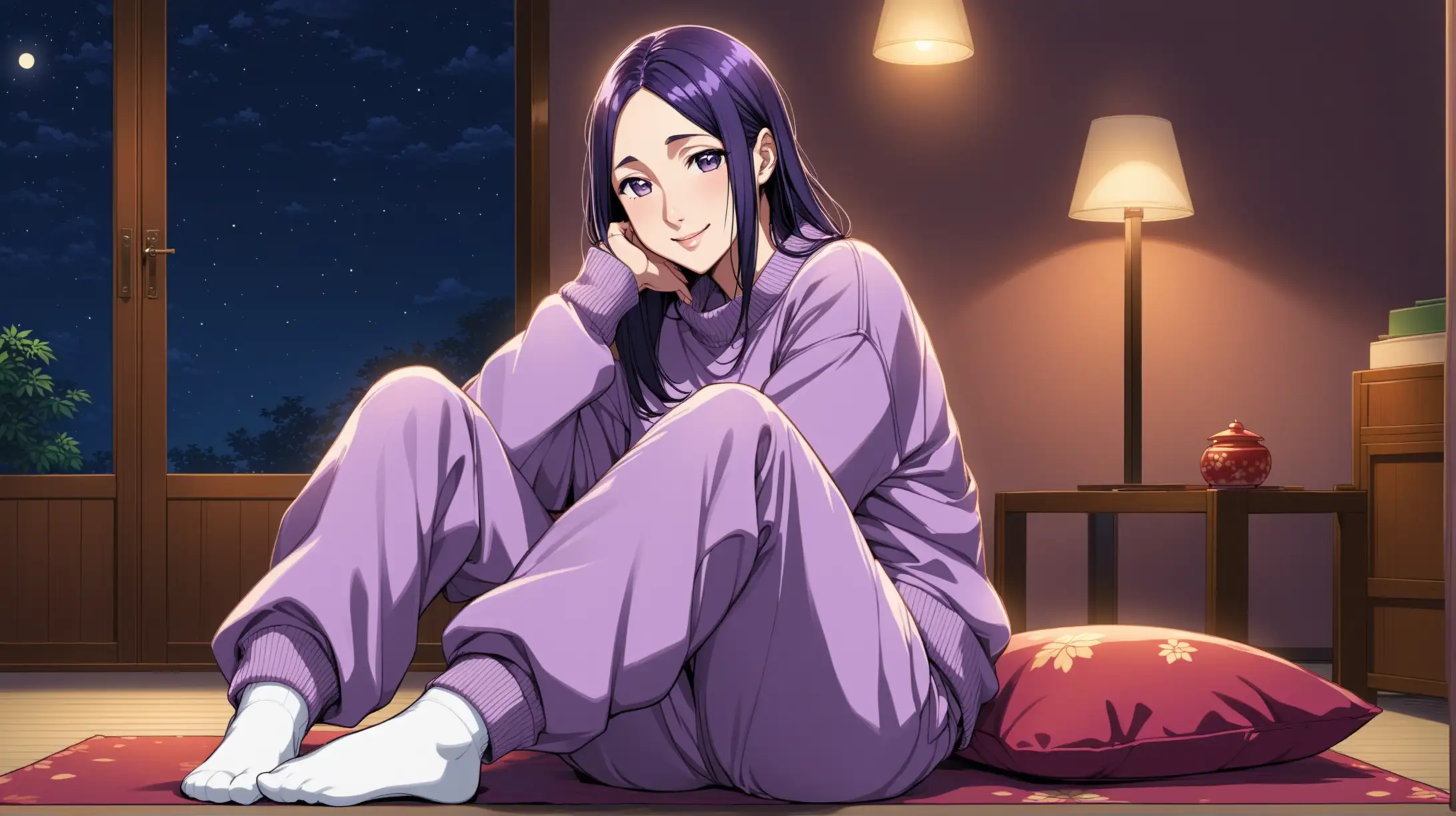 Draw the character Minamoto no Raikou sitting indoors alone at night while she is wearing pants with white socks and a sweater and smiling at the viewer