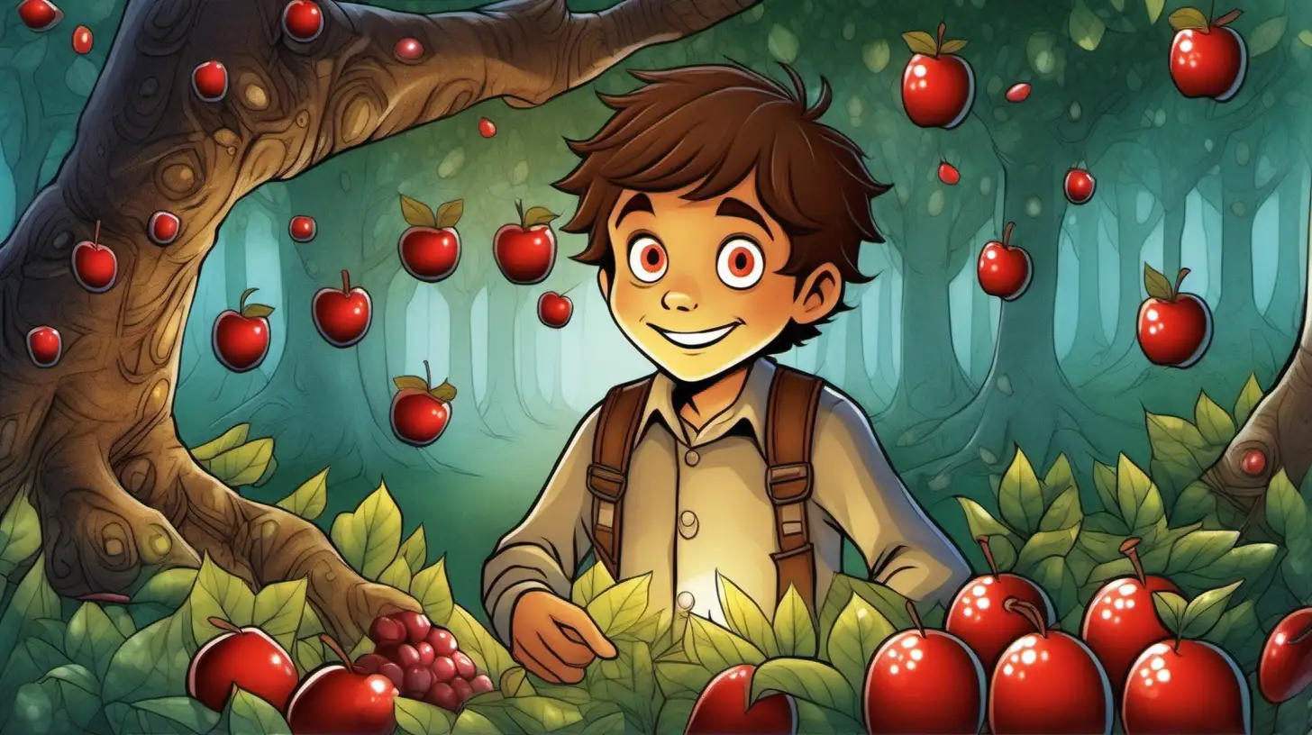 illustrate A ten-year-old brown-haired boy stands next to a tree, whose fruits are little red candys. It uses tree branches as its hands and has eyes and a mouth. , in the magical forest