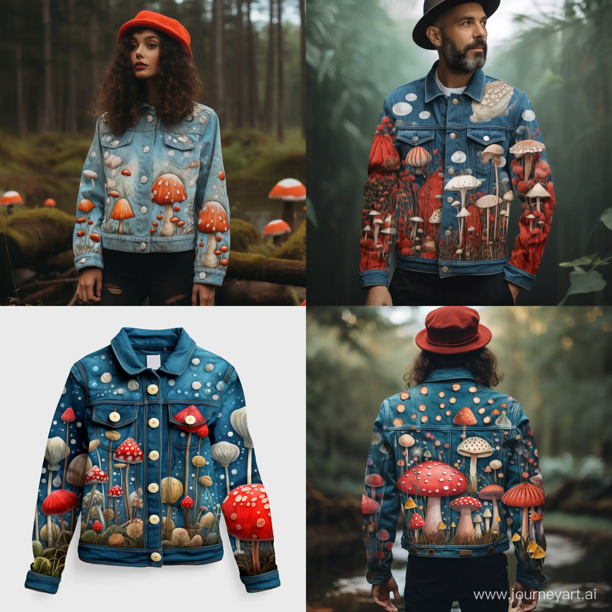 Stylish-Denim-Jacket-featuring-Unique-Fly-Agaric-Patterns
