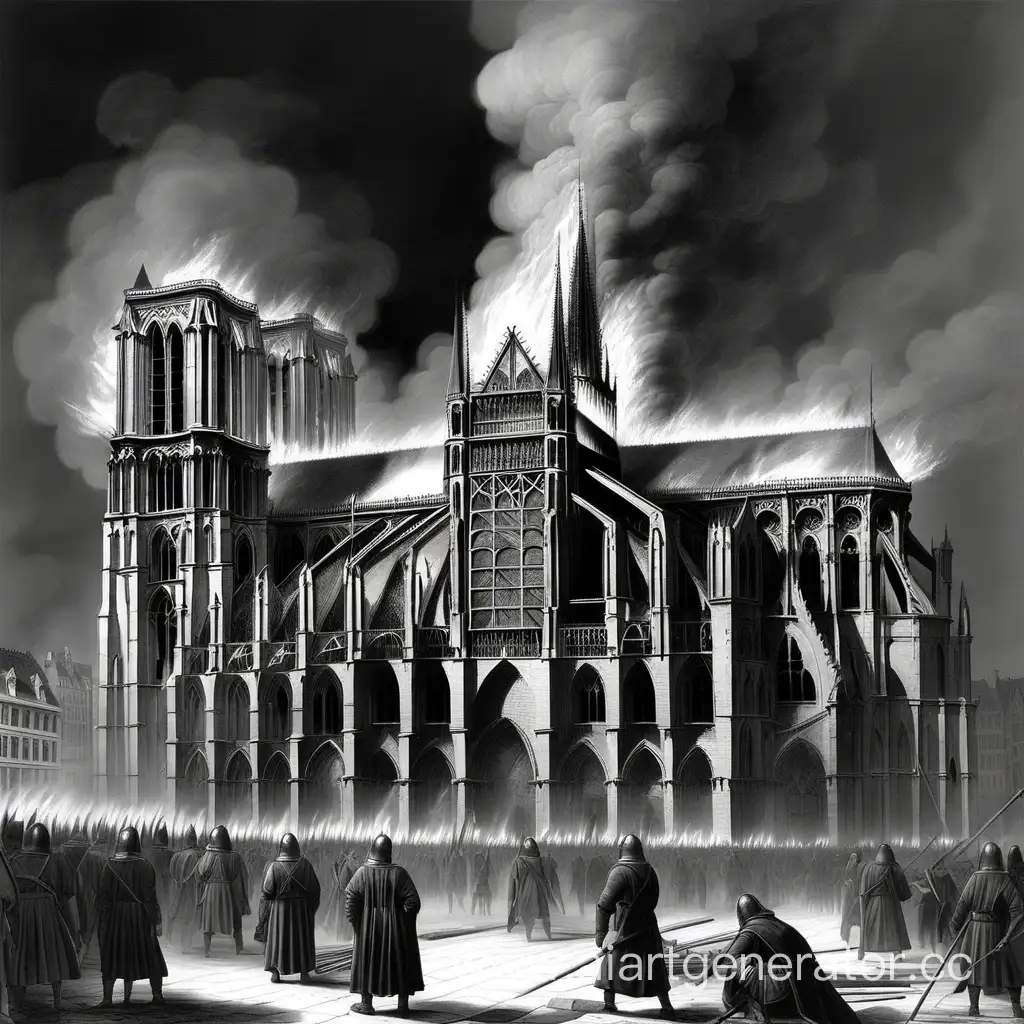 Historical-Black-and-White-Illustration-Fire-of-NotreDame-in-Belgium-1110-AD