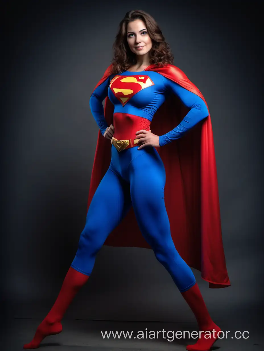 A pretty woman with brown hair, age 26. She is happy and confident and strong. She is extremely fit and muscular. Her arm muscles are over overdeveloped. Her leg muscles are over overdeveloped. Her chest muscles are over overdeveloped. Her abdominal muscles are over overdeveloped. She is wearing a Superman costume with (blue leggings), blue long sleeves, red briefs, and a long flowing cape. She is posed like a superhero, strong and powerful. Enormous muscles expand beneath her costume. 
Bright photo studio.