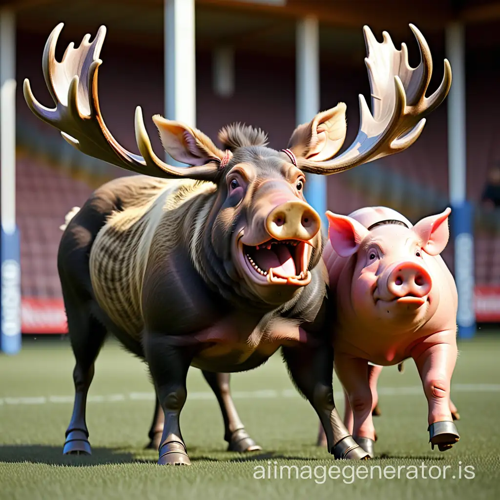 crossbreed between moose with horns and pig, playing rugby