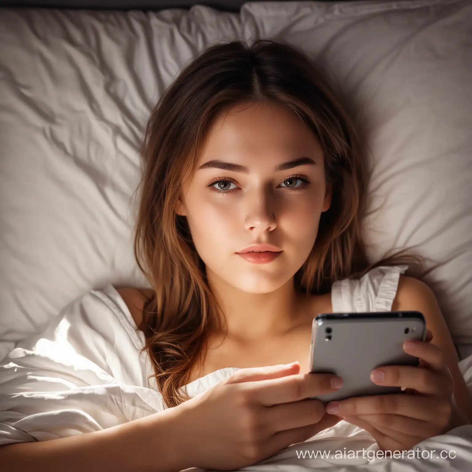 A beautiful girl is lying in bed, the light is off, she is looking at her smartphone contentedly