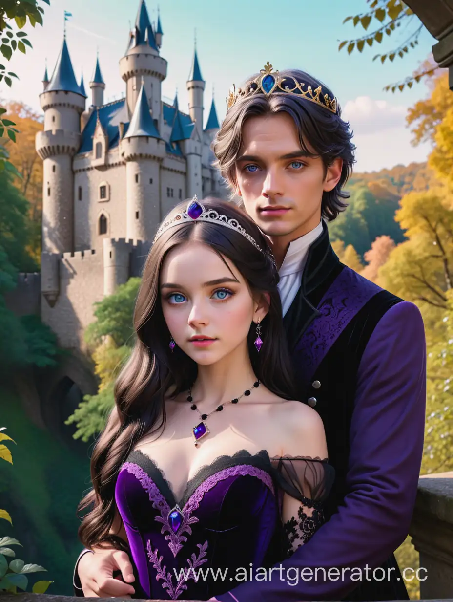 A girl with dark hair and blue eyes stands against the background of a castle in a forest thicket.  She is wearing a dark purple dress with black lace, jewelry and a silver tiara with purple stones. A guy with white hair and golden eyes, in a black tailcoat, hugs her around the waist.