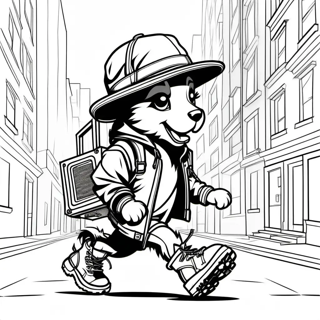 One cute Hip Hop female puppy with a hat timberland boots and a big boom box running in the street, clear lines no shading, coloring pages 