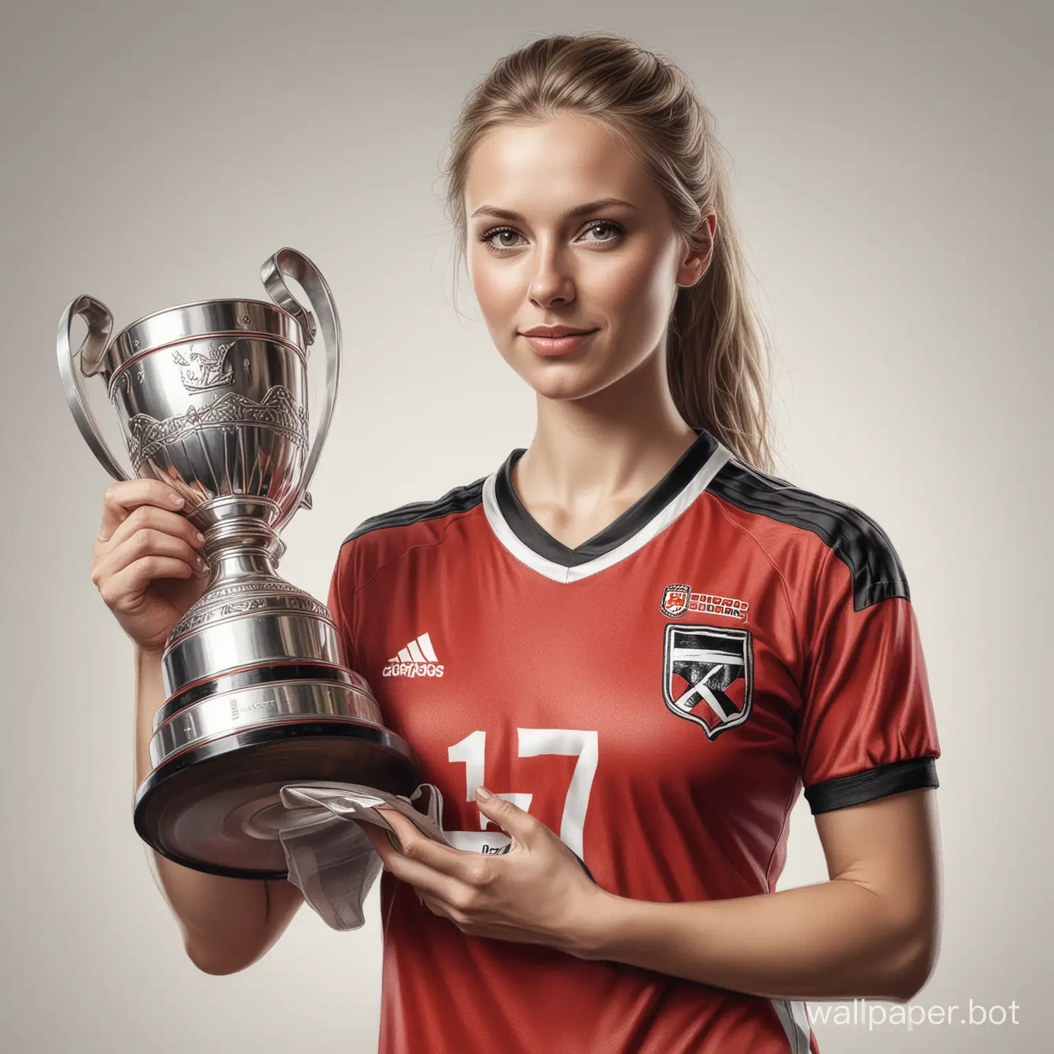 Sketch of a young Danish woman size 6 breasts narrow waist in red and black soccer uniform holding a large champions cup on a white background highly realistic drawing of a colored liner