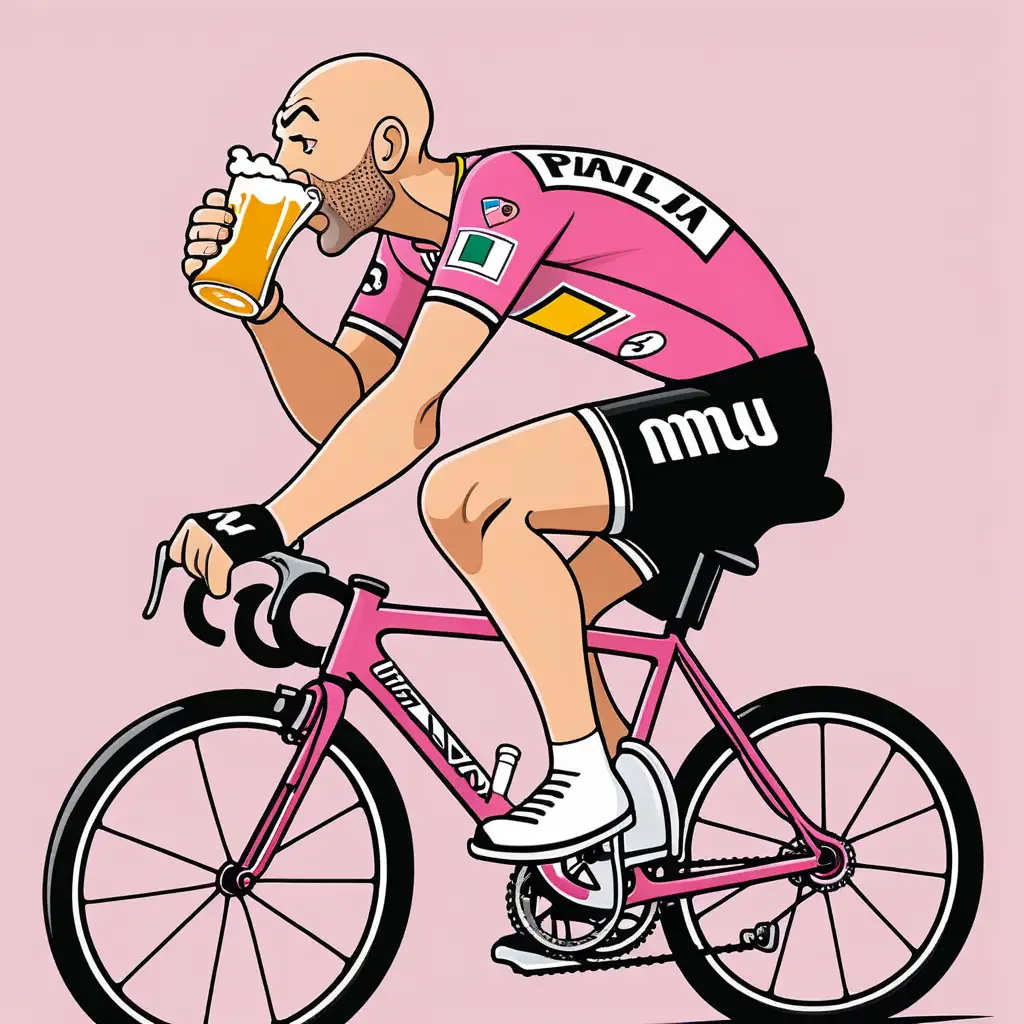 Pantani Cycling in Pink Jersey with Beer Cartoon Style Art