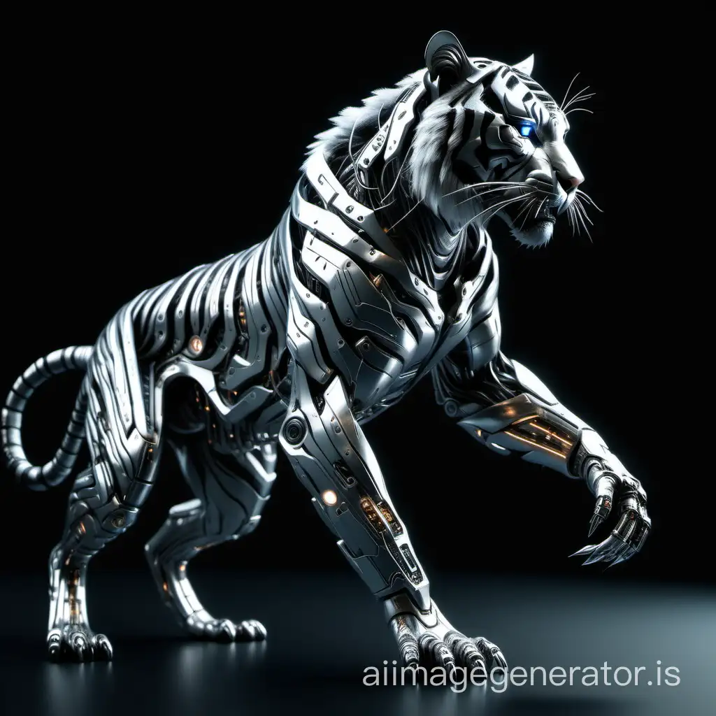 a silver cyberpunk tiger full body side view set against a black background. Realistic 8K