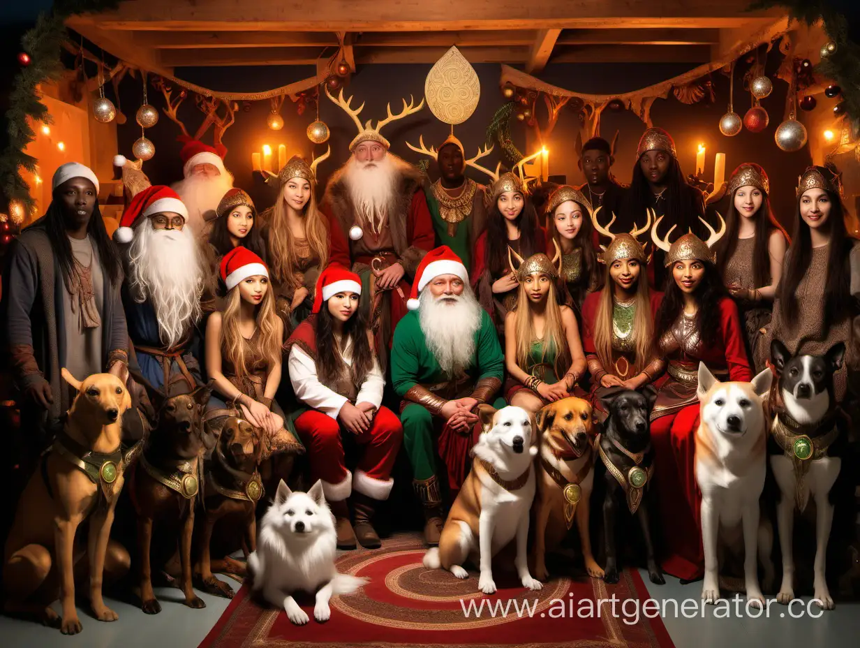 European, Central Asian, Far Eastern, Middle Eastern , Indian and African   male elves and female fairies and Shamans celebrating Pagan Winter Solstice with Odin, Freya, Santa Claus, Goddess Danu  and  Goddess Brighid  children and dogs  in a decorated, festive hall. 