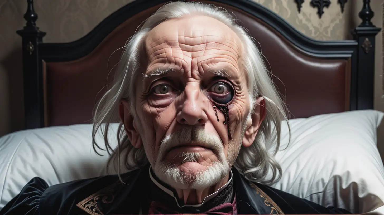 A gothic horror image of an old man with a dead eye lying in a bed