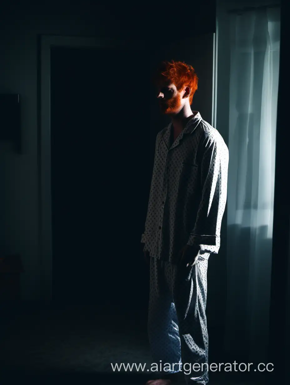 грустный рыжий парень в пижаме стоит один в темной комнате