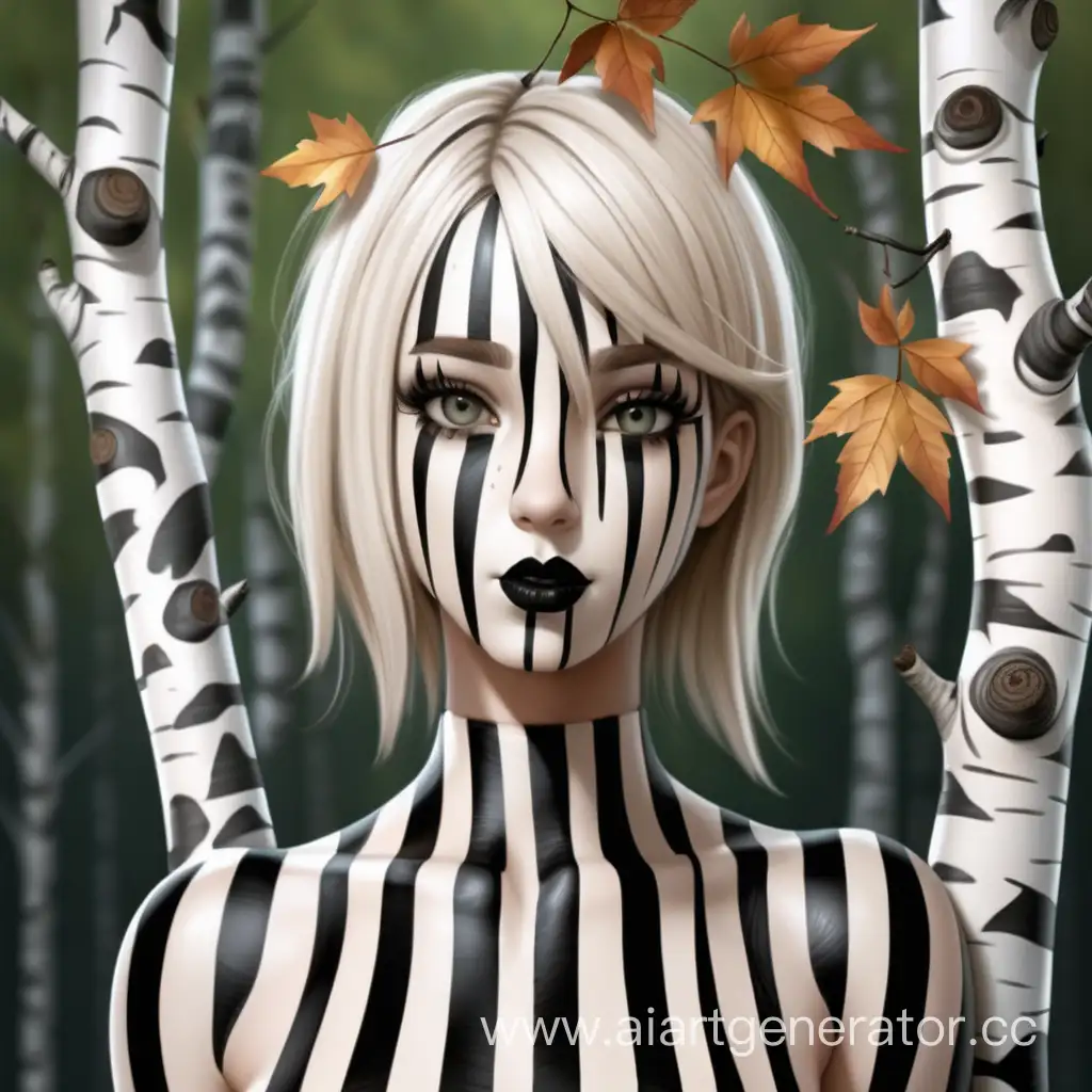Хуманизация березы в латексную девушку с деревянной белой в черную полосу кожей с листьями вместо волос.
