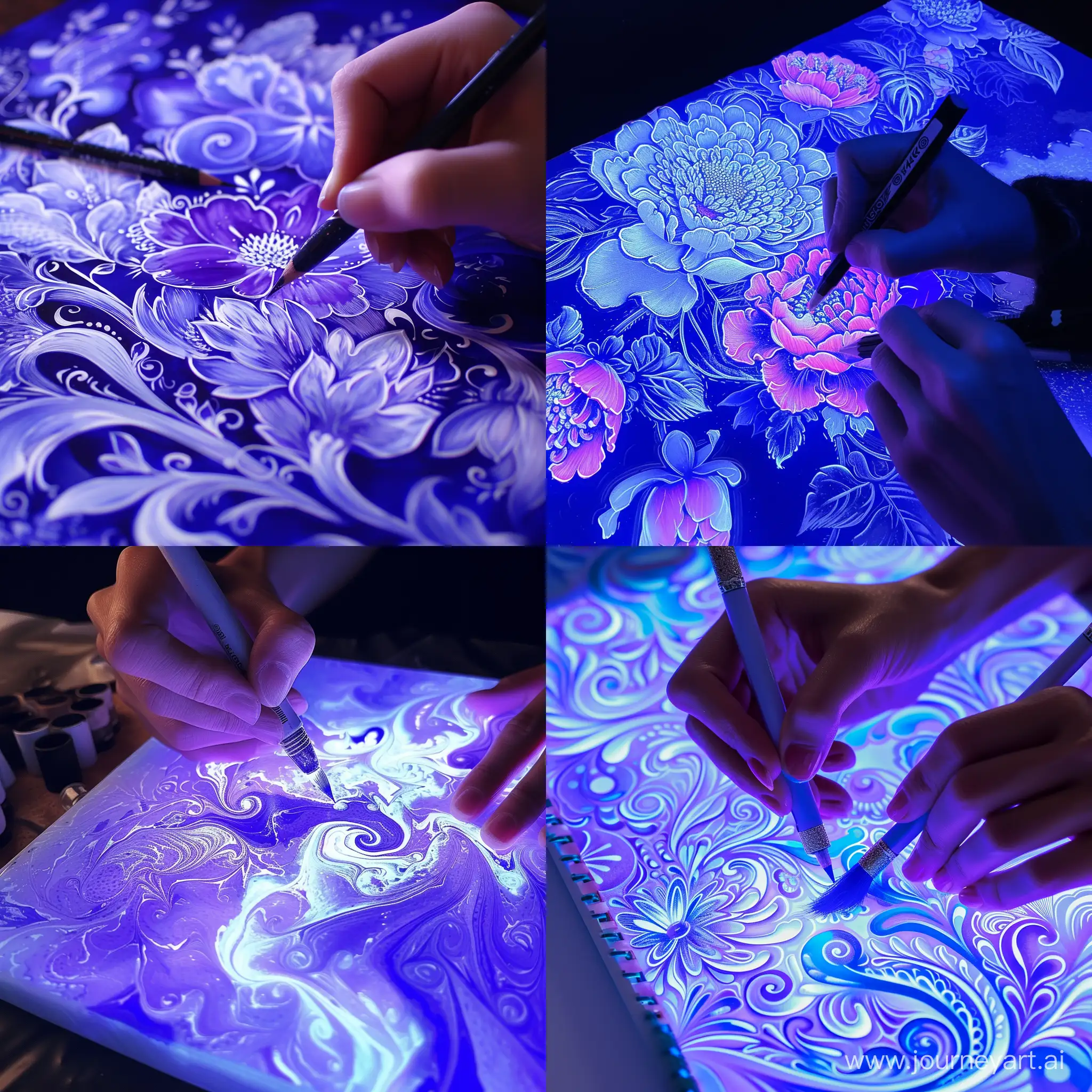 рисунок на бумаге флуоресцентной в стиле гжель цвета используй белый голубой фиолетовый
