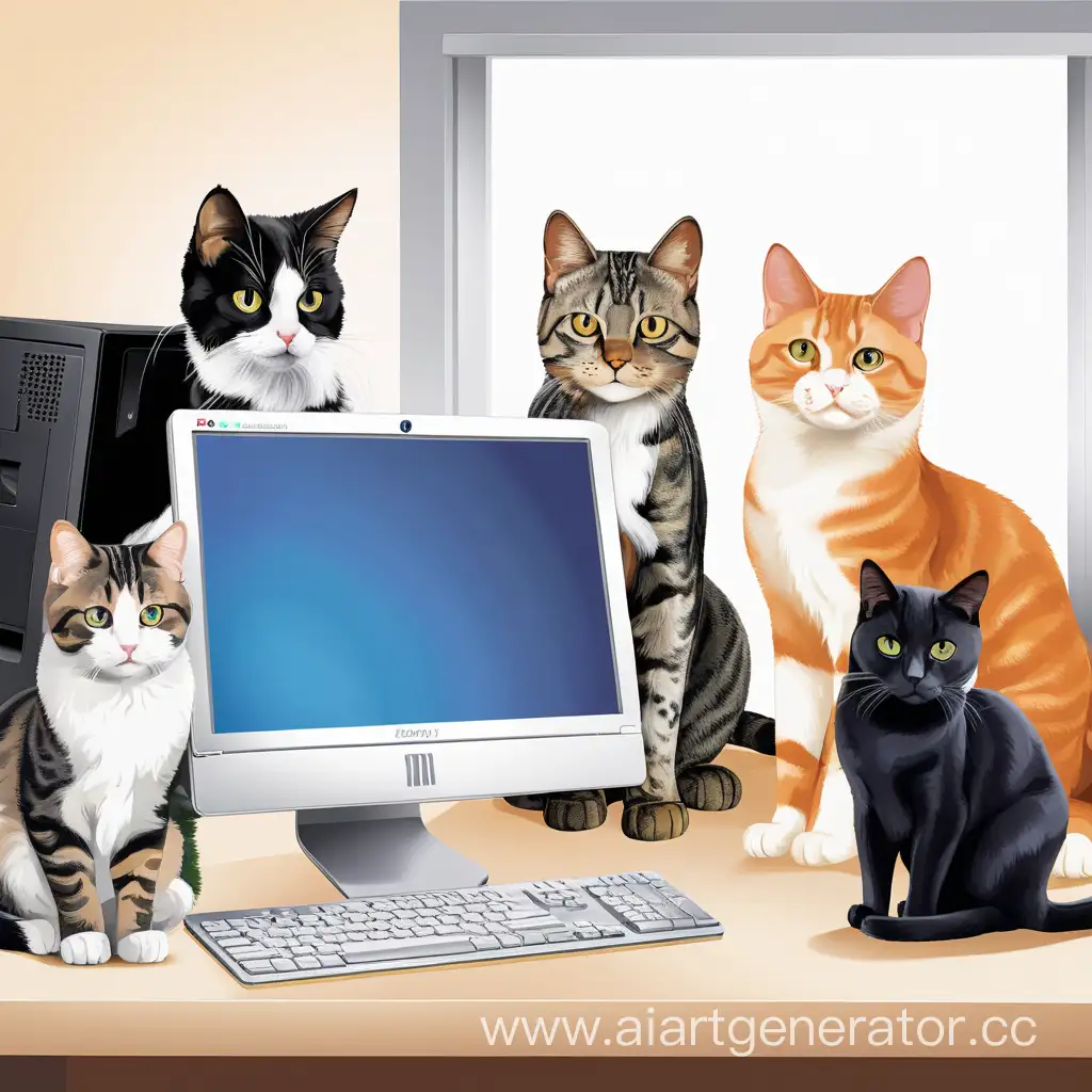 5 кошек разных пород возле компьютера