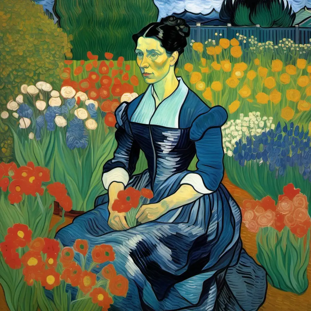 DarkHaired Woman in Garden with Van Gogh Style Flowers